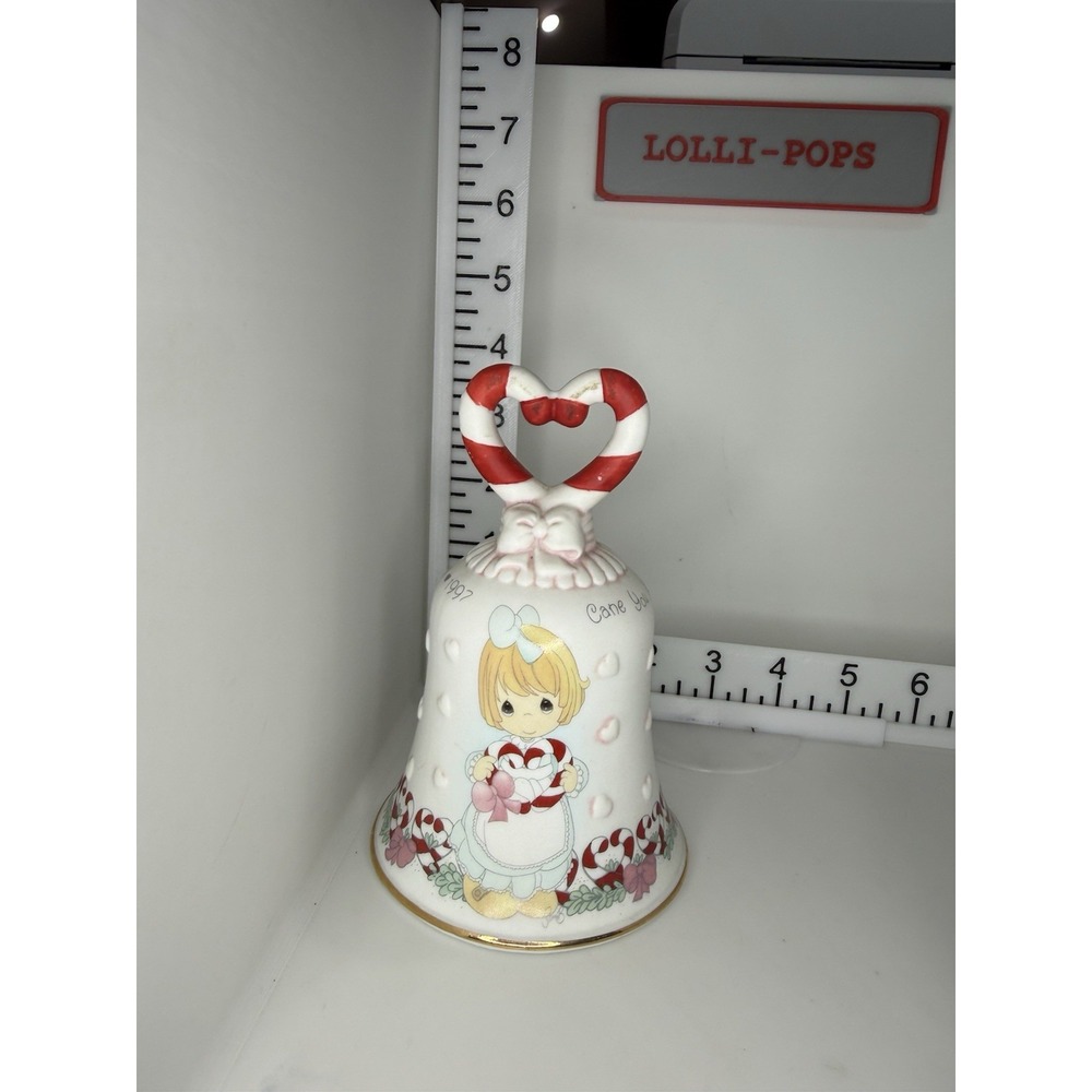 Precious Moments 1992 Hand-Painted Porcelain Christmas Bell Candy Cane Handle